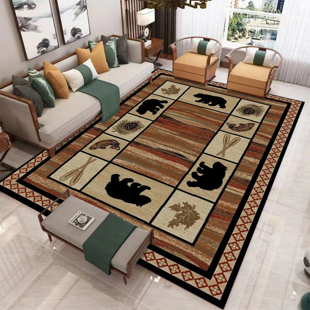 Rural Style Brown Bear Carpet, Bohemian Style Retro Checkered Totem Carpet, Living Room Bedroom Decoration Floor Mat