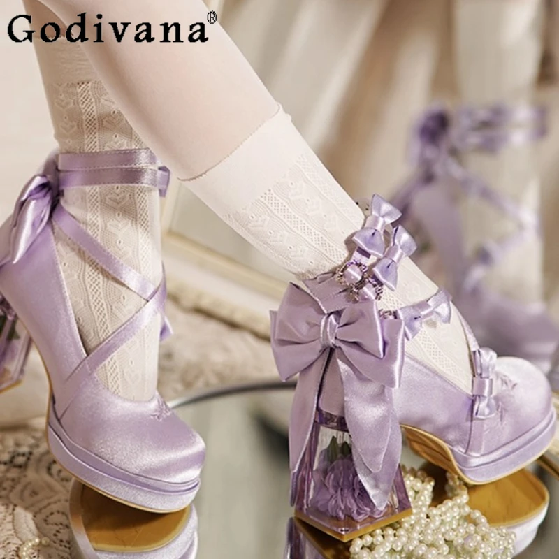 حذاء نسائي حلو بكعب عالٍ حذاء لوليتا أصلي بكعب عالٍ حذاء أنيق للسيدات للربيع والصيف بتصميم فيونكة حذاء ماري جين كوس