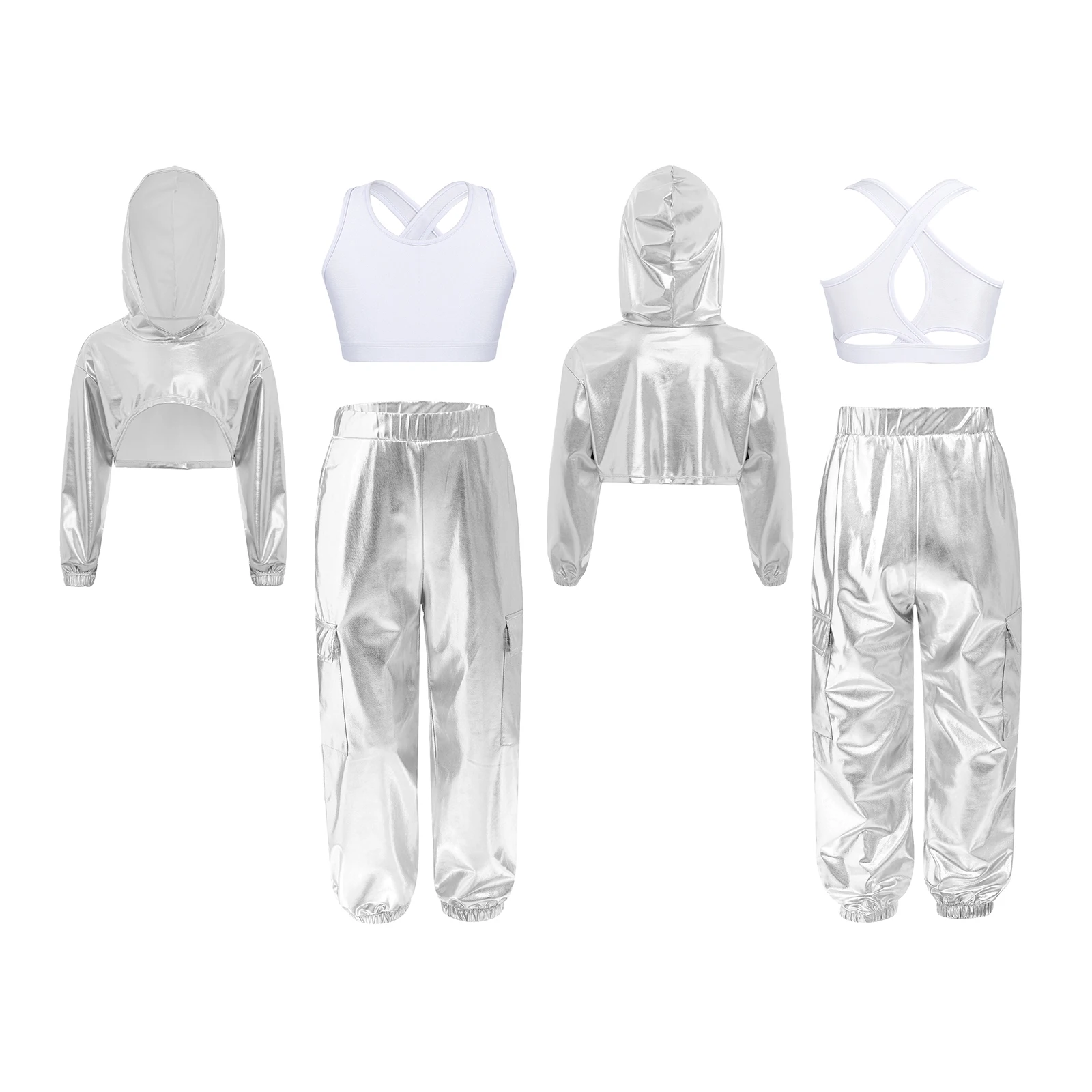 Children Shiny Sequins Dancewear Sets Hippie Festival Metallic Prom Suit Teens Disco Outfit Girls Boys Jazz Dance Party Costumes