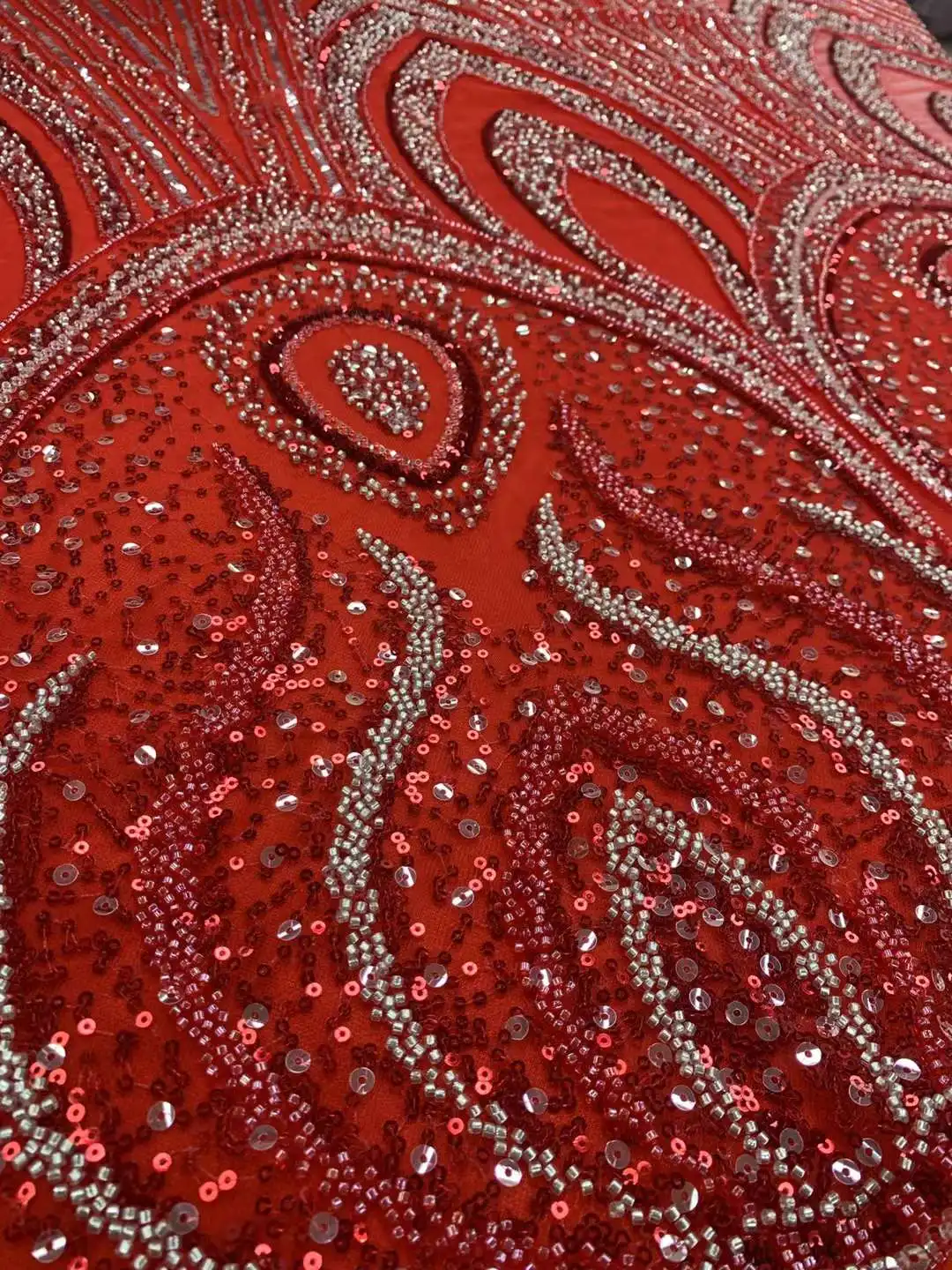 Heavy High Quality Lace Fabric Nigerian Tulle Embroidery Beads Tube Sequins Craft Sewing Party Wedding Dress 5 Yards Wholesale