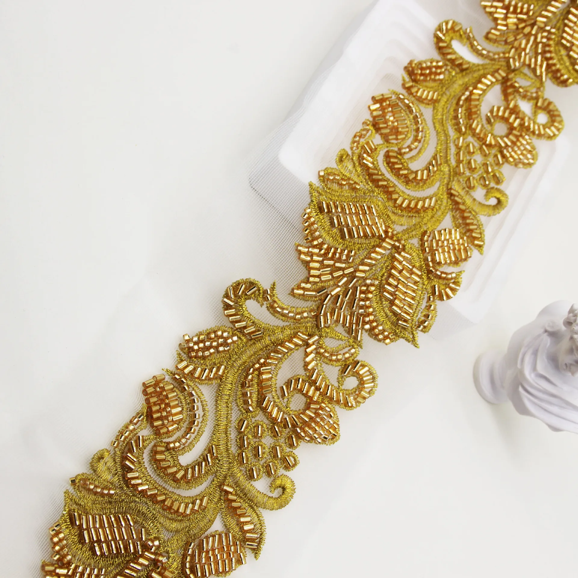 45cm(0.5y) Ethnic Gold DIY Clothing Sewing Beautiful Emboridered Sequined Pearl Beaded Metallic Lace Trims For Clothes