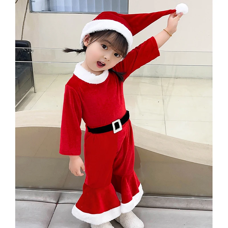 Disfraz de Papá Noel de Navidad para niños, conjunto de ropa de Papá Noel, traje de fantasía de terciopelo cálido rojo para niños y niñas, ropa de fiesta de navidad