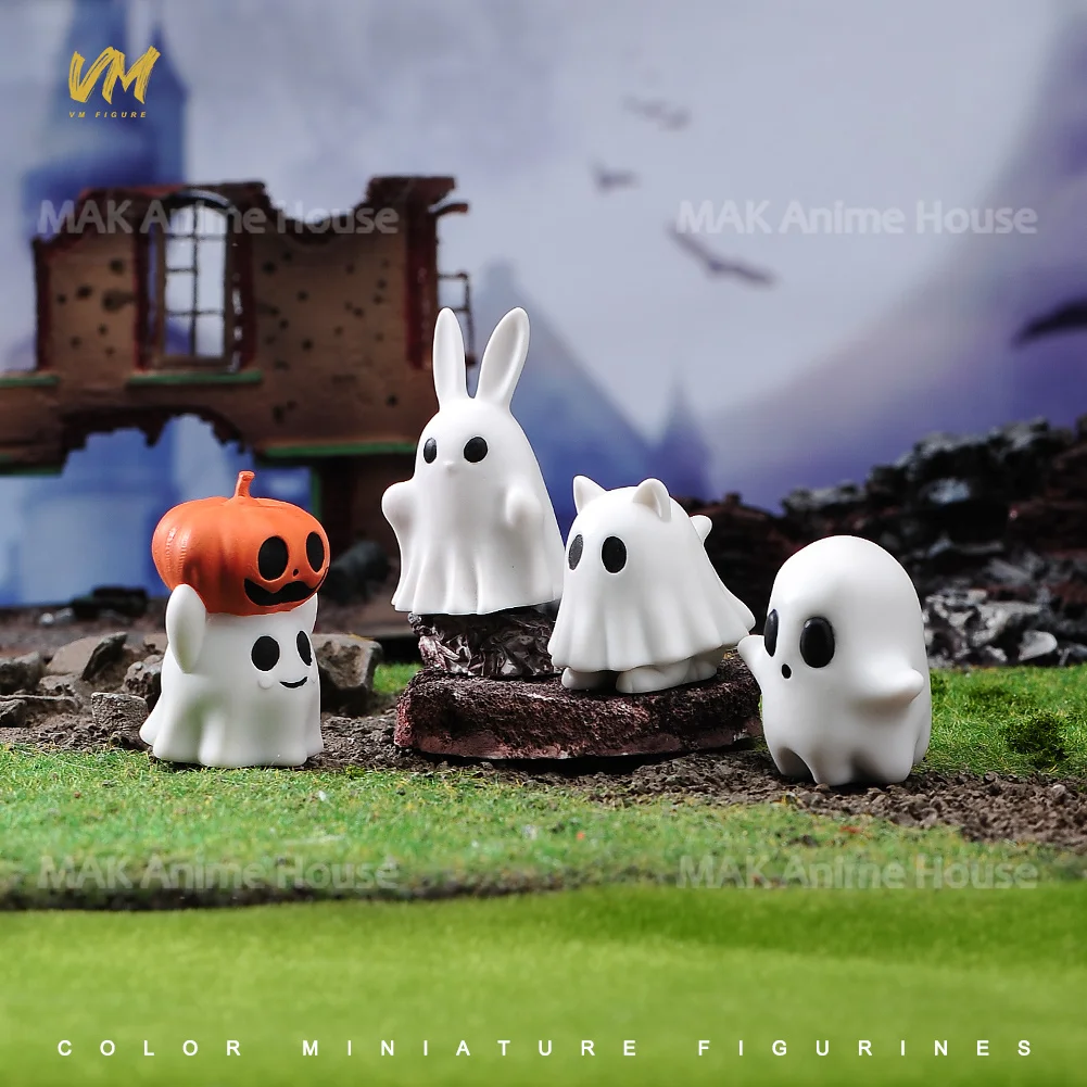 Resin Miniatures Ghost Baby Rabbit Pumpkin Cat Cute Scene Figure Painted Model For Halloween Decorative Ornaments Toy Dolls Set