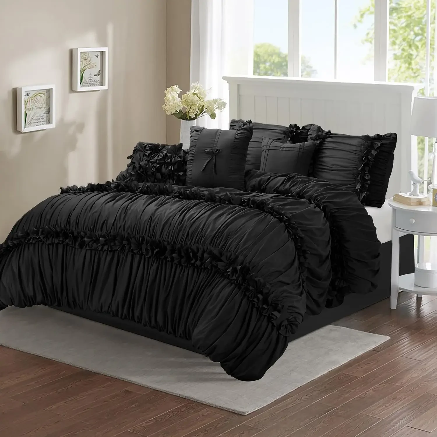 7 Pieces Elegant French Country Bed in a Bag, Black Handmade Bow Tie Fluffy Bed Comforter with Down Alternative Filling