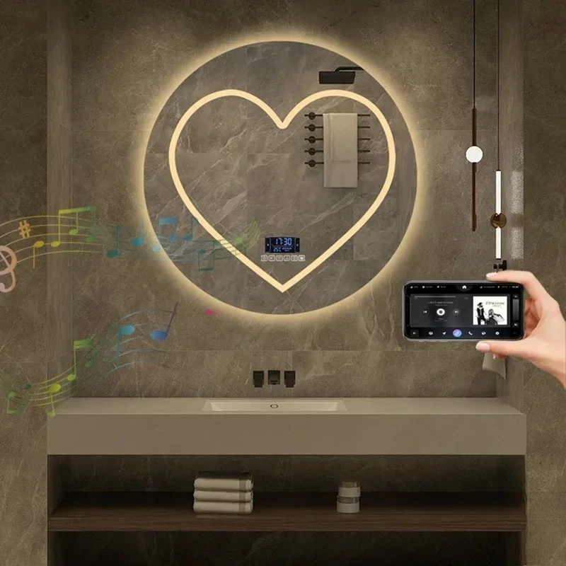 Love Shape Round Anti-fog Mirror with Light Led Touch Screen Smart Bath Mirrors Toilet Dressing Table Wall Mounted Mirrors B T