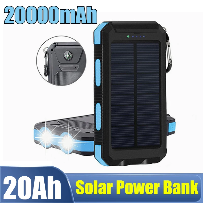 20000mAh Solar Power Bank Outdoor Portable Charger with Compass Carabiner USB External Battery for Camping and Mobile Devices