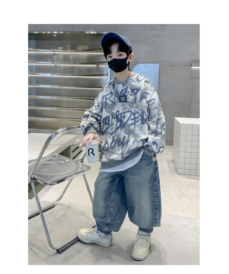Neues Frühlings-Kinder-Baumwoll-Sweatshirt mit Schriftzug für Jungen, lässiges dickes T-Shirt-Outfit für Kinder im Alter von 5 6 7 8 9 10 11 12 13 14 Jahren. – Detail 4