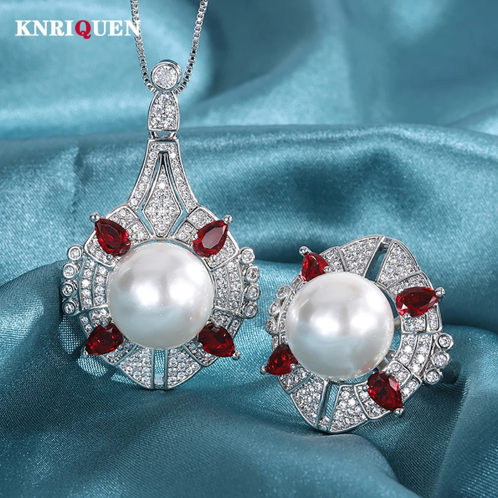 

Charms 14mm White Pearl Ruby Emerald Lab Diamond Pendant Necklace Ring for Women Wedding Engagement Party Jewelry Sets Fine Gift