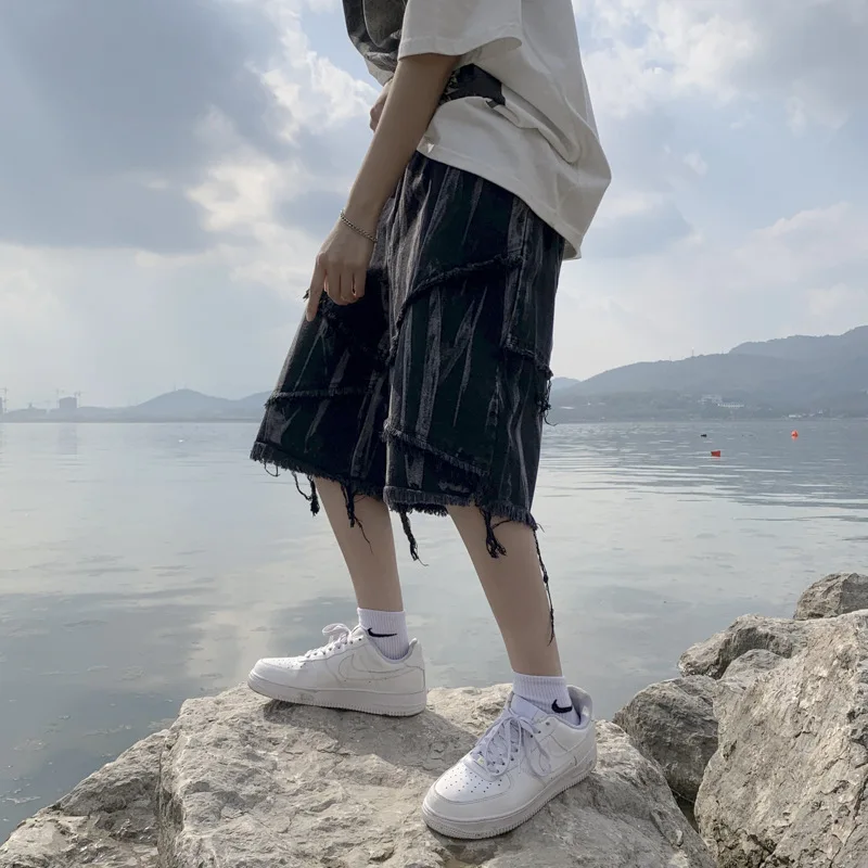

American Style Vintage New Fashion Summer Men's Casual Trendy Basic Simple Loose Knee Length Denim Trousers Male Jeans Clothes