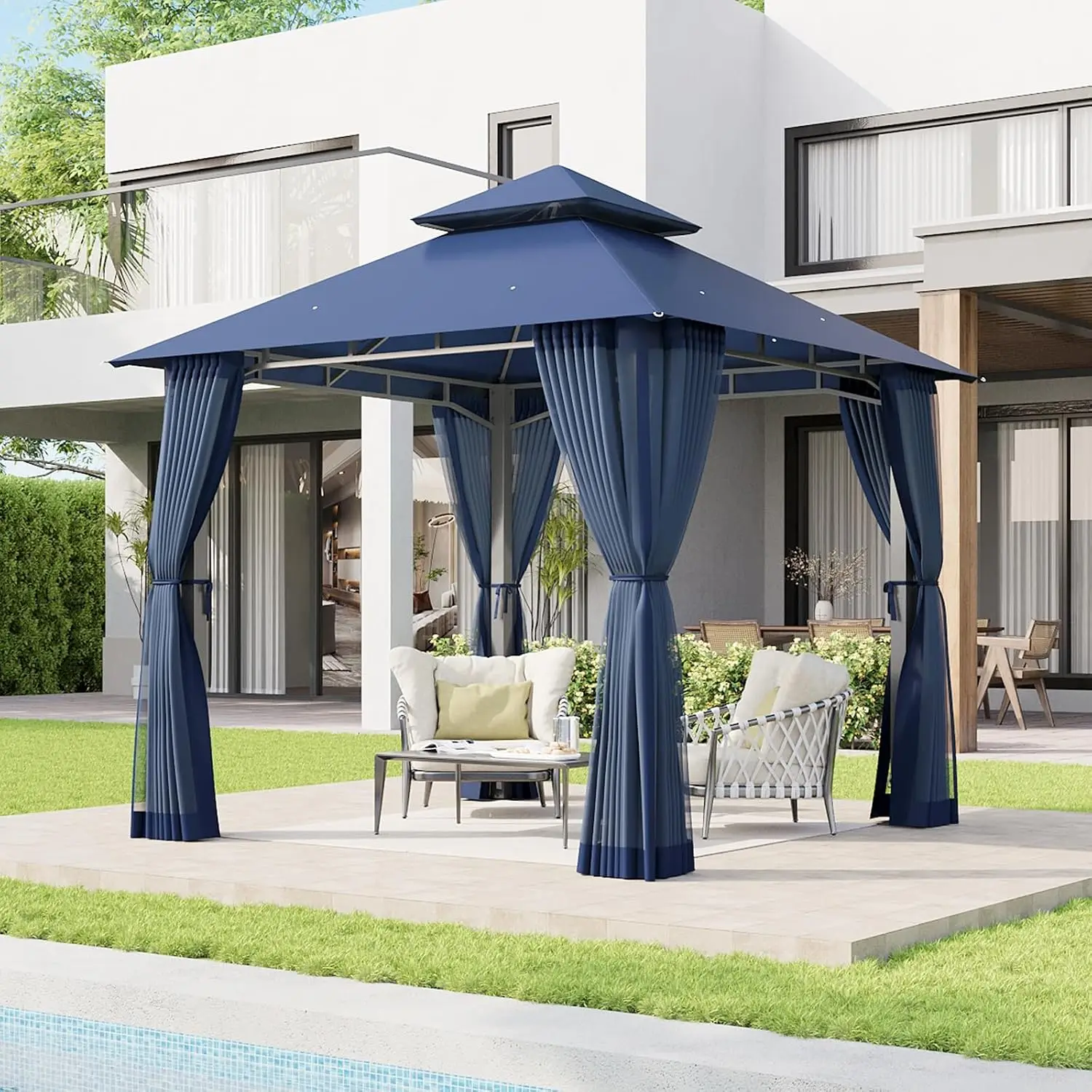 8'x8' Gazebo with Double Roof & Mosquito Netting, Blue, Customized