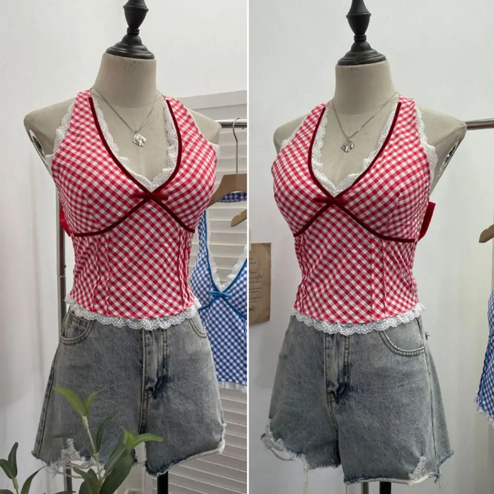 شريط شبكة Bowknot بلا أكمام المحاصيل الأعلى انفصال Bowknot سليم صالح الدانتيل سترة فتاة قاع قميص الخامس الرقبة