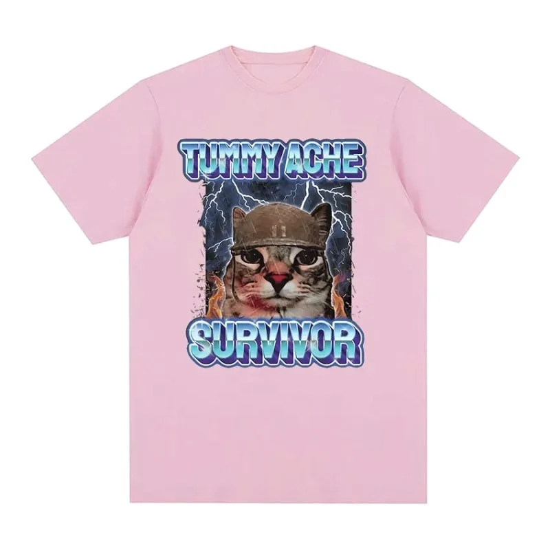 Retro Stomach Pain Survivor Funny Cat Emoji Printed T-shirt New Men's and Women's Clothing New Summer Pure Cotton T-shirt