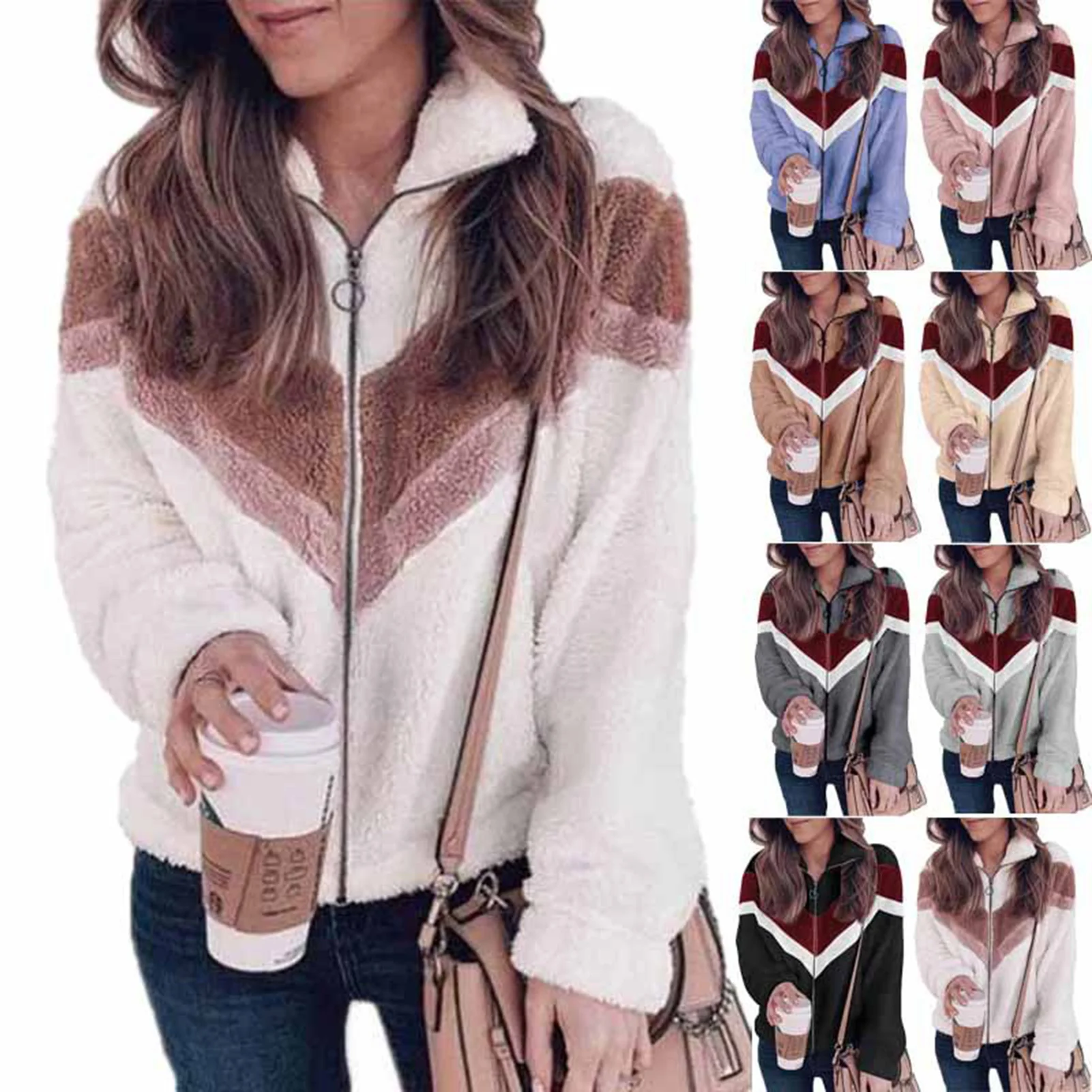 Chaqueta de felpa contrastante para mujer, chaqueta de invierno holgada con cierre de cremallera para esposa, madre, hija, amigos