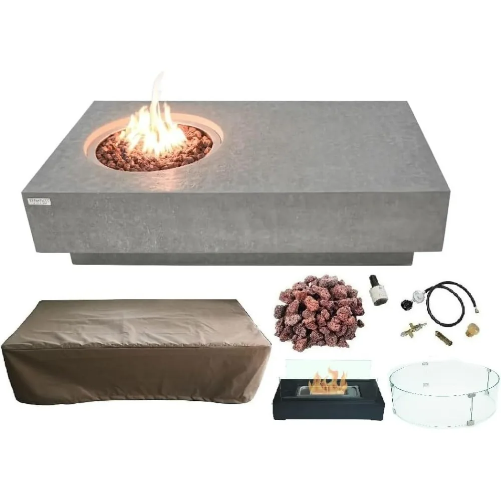 Fire Pit Cast Concrete Fire Table, Outdoor Fire Pit Electronic Ignition | Canvas Cover, Lava Rock included | Free AMS Wind Guard