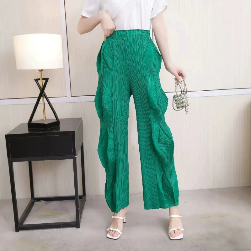 Miyake Pleated Wide-Leg Pants Women 2026 Autumn New Three-Dimensional Flower Bud Design Casual Draped Plus Size Straight Pants