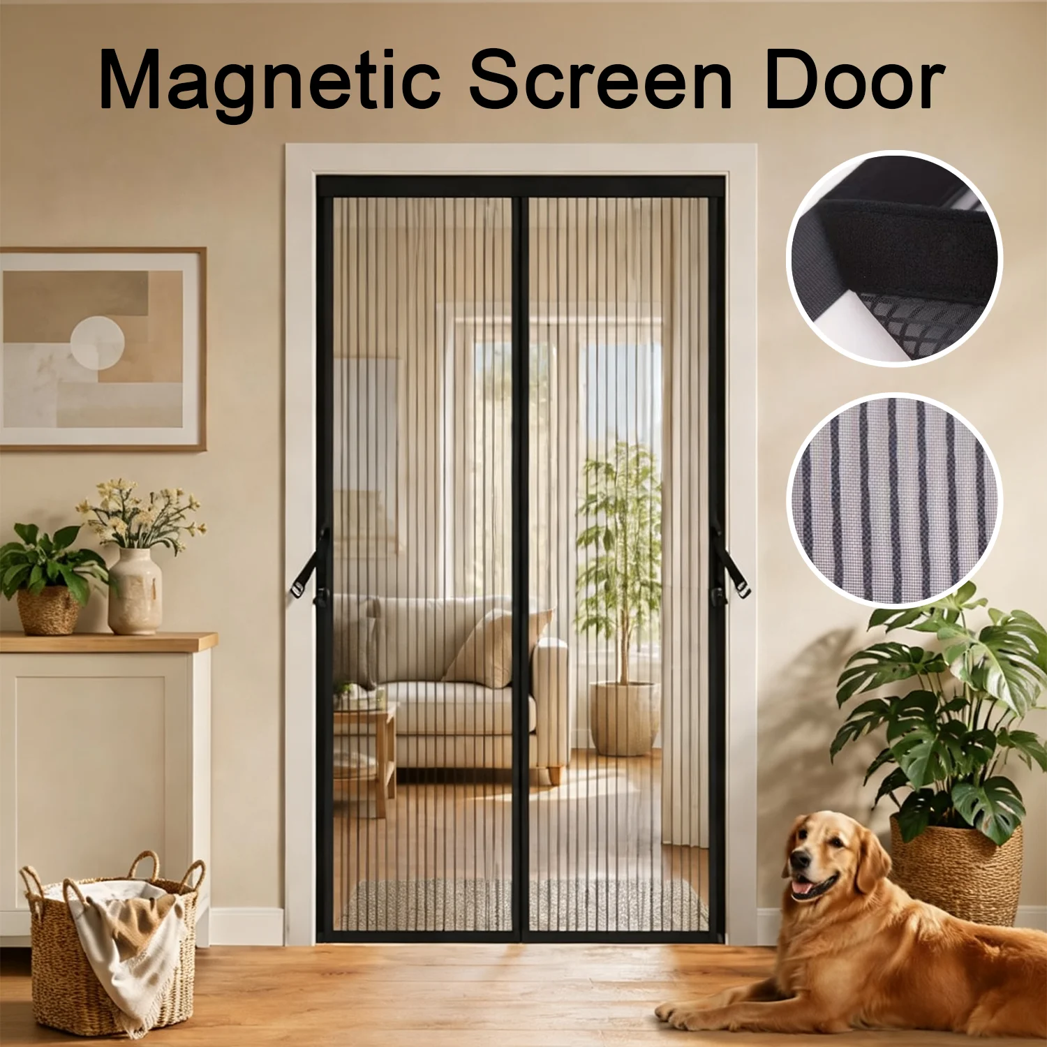 Household Magnetic Screen Door, Striped Pattern with Heavy‑Duty Mesh, Summer Mosquito & Insect Prevention, Quiet Room Partition