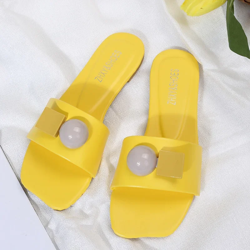 Women\'s Slides Outside Wear Ladies Slippers Bright Yellow Summer Shoes Woman Fashion Flat Bottom Square Head Female Footwear