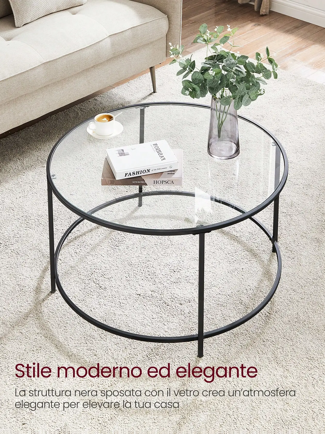Tavolino da caffè in vetro VASAGLE con cornice AER. Mobili da soggiorno alla moda. Tavolo rotondo in nero.