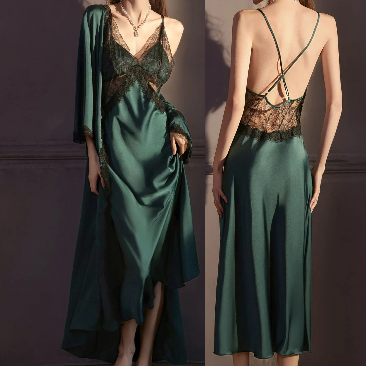 

Sexy Women's Pajamas 2PCS Long Robe&Gown Set Elegant Hollow Out Lace Backless Nightdress Sleepwear Silky Satin Lingerie Homewear