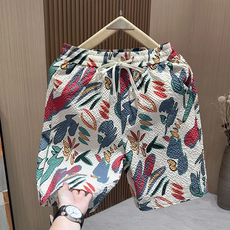 Men Summer Trendy Print Hawaii Vacation Quick Drying Beach Shorts Casual Loose Pockets Swim Trunks Drawstring Knee Length Pants