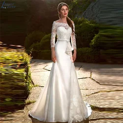 LAYOUT NICEB Vintage Long Sleeves Lace Mermaid Wedding Dress Bride Satin Bridal Gowns Elegant Plus Size Custom Vestido De Novia