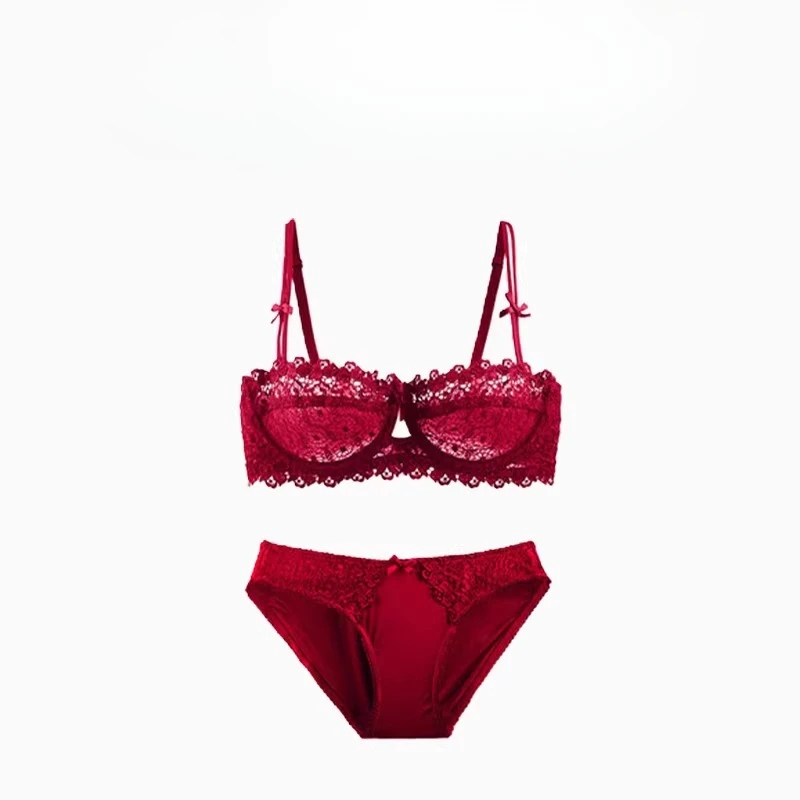 YUQI Ultra Dünnes Spitzen-BH-Set Push-Up Plunge Demi-BH für Damen Sexy Dessous mit Bügel Anti-Sagging für Kleine und Große Brüste S-XXXL TUSHY