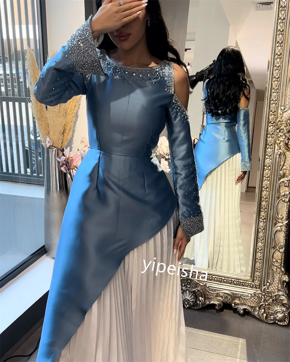 Customized    Satin Beading Draped Party A-line O-Neck Bespoke Occasion Gown Long es Saudi Arabia  Dresses 