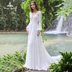 Robe de Mariée Élégante en Mousseline de Soie, Ligne A, Dentelle, Style Boho, Col en V, Manches sulfLanterne, Sexy, Dos aux, pour Patients