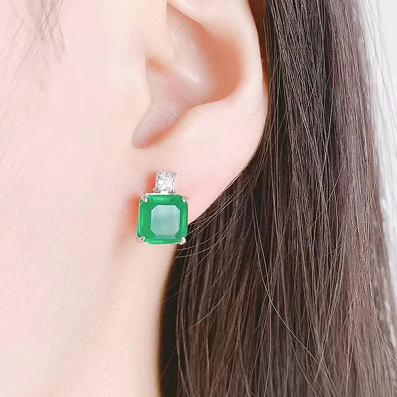 HuiSept Luxury Earrings for Women Wedding Engagement 925 Sterling Silver Jewelry Accessory Square Emerald Gemstone Stud Earring