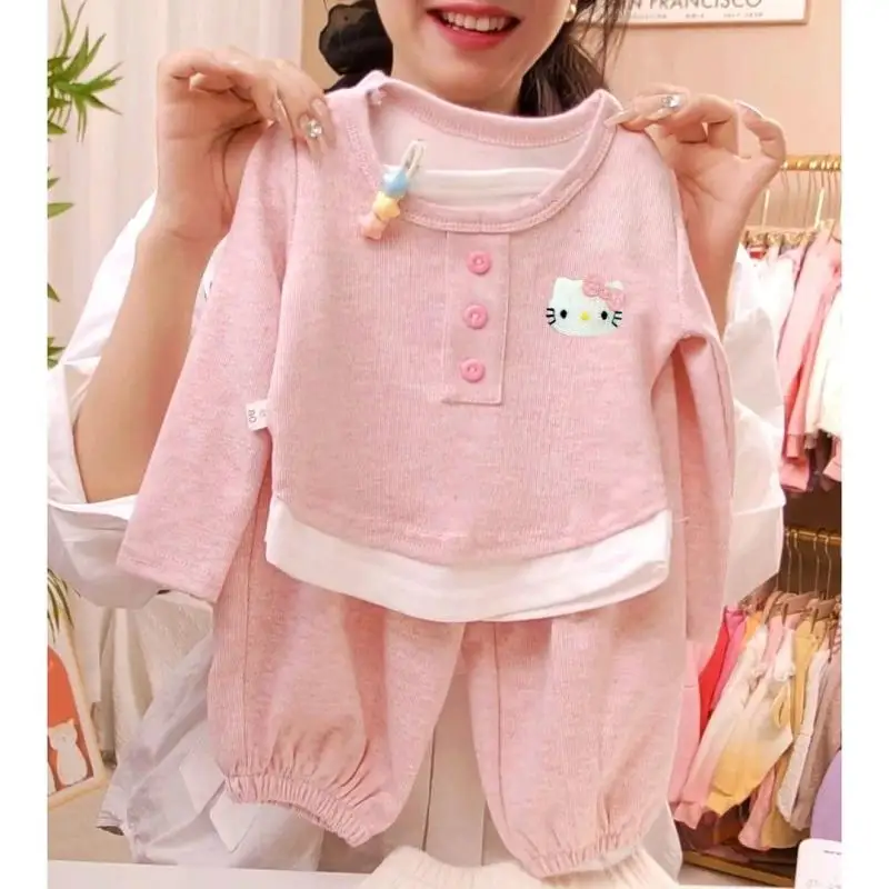 Child Two Piece Set Leisure Suit Kawaii Cartoon Kt Cat Cartoon T-Shirt Set Spring Autumn Versatile Long Sleeves Two Fake Pieces