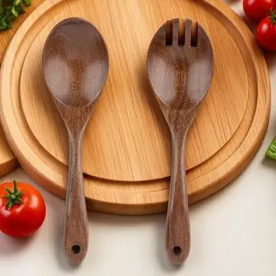 

2pcs Wooden Salad Spoon Fork Set Eco Friendly Lightweight Long Handle Heat Insulated For Home Restaurant Chicken Wing
