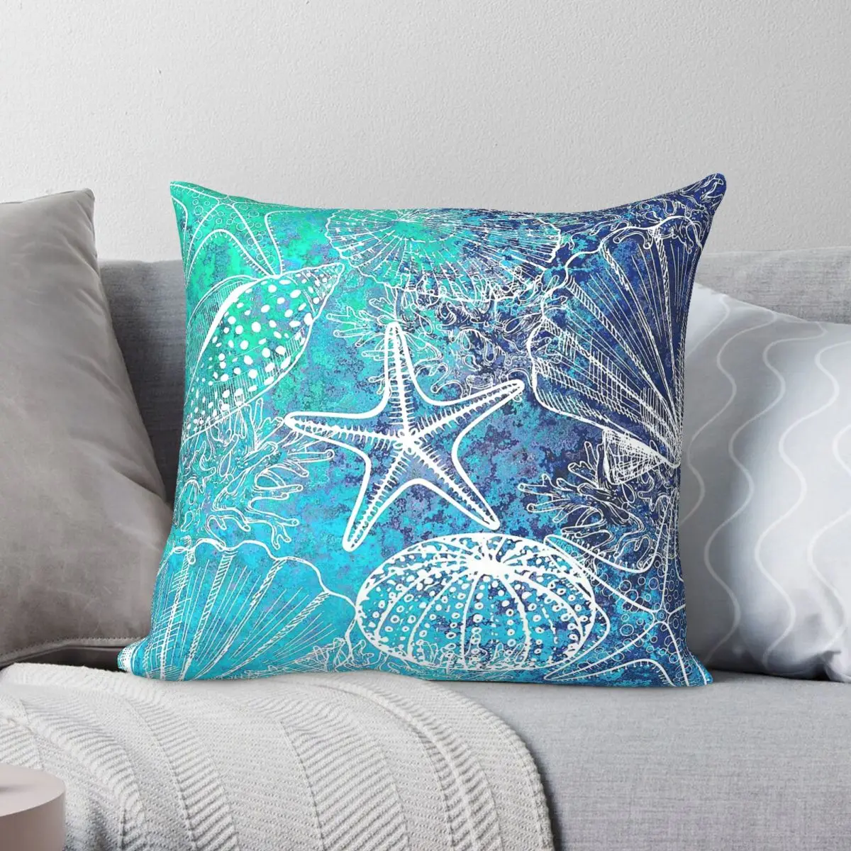 Teal Aqua Starfish Seashells Coral Square Pillowcase Polyester Linen Velvet Printed Zip Decorative Throw Pillow Case Sofa Cover