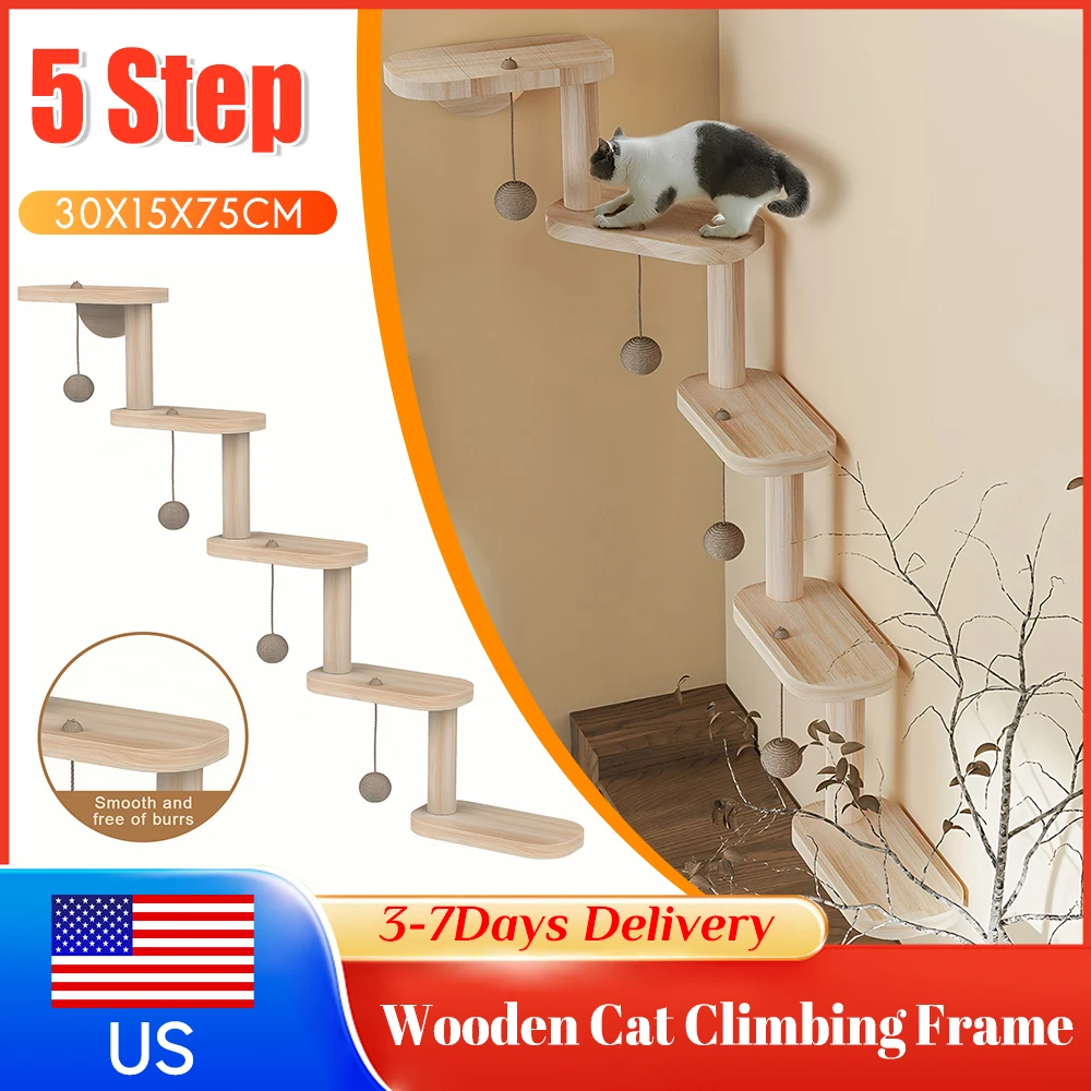 

5 Step Wooden Cat Climbing Ladder Frame Wall Mounted Cat Wall Furniture Corner Climbing Shelf for Sleeping Playing Pet Activity