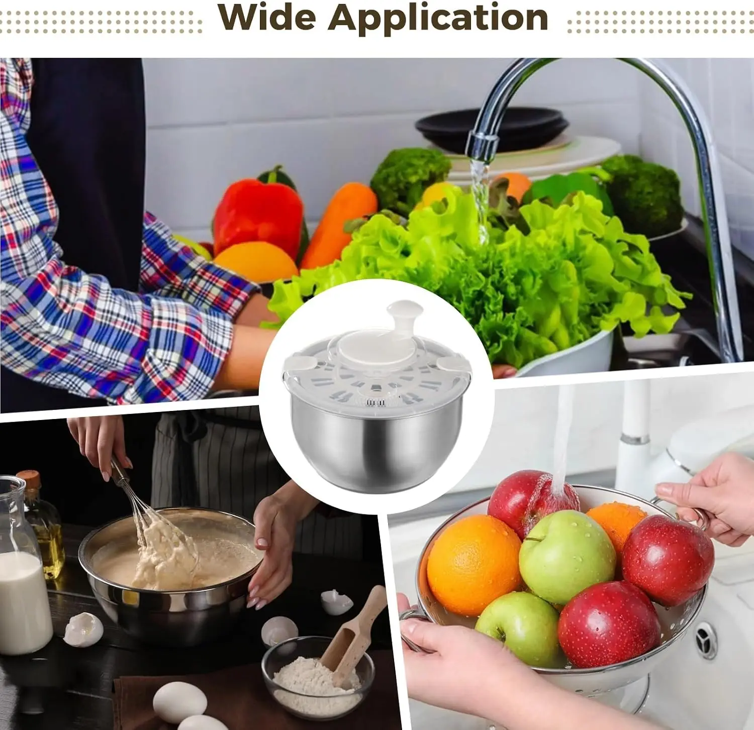Large Stainless Steel Salad Spinner, Lettuce Spinner Vegetable Strainer Set, Fruit Straining Spinner With Self-Locking Lid