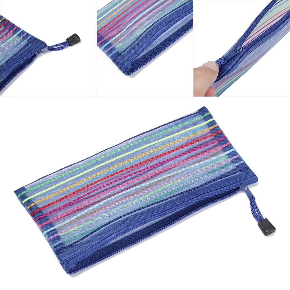 1pc Solid Color Handbags Rainbow Color Stationery Cosmetic Makeup Mesh Pen Bag Cosmetic Storage Zipper Pencil Case Grid