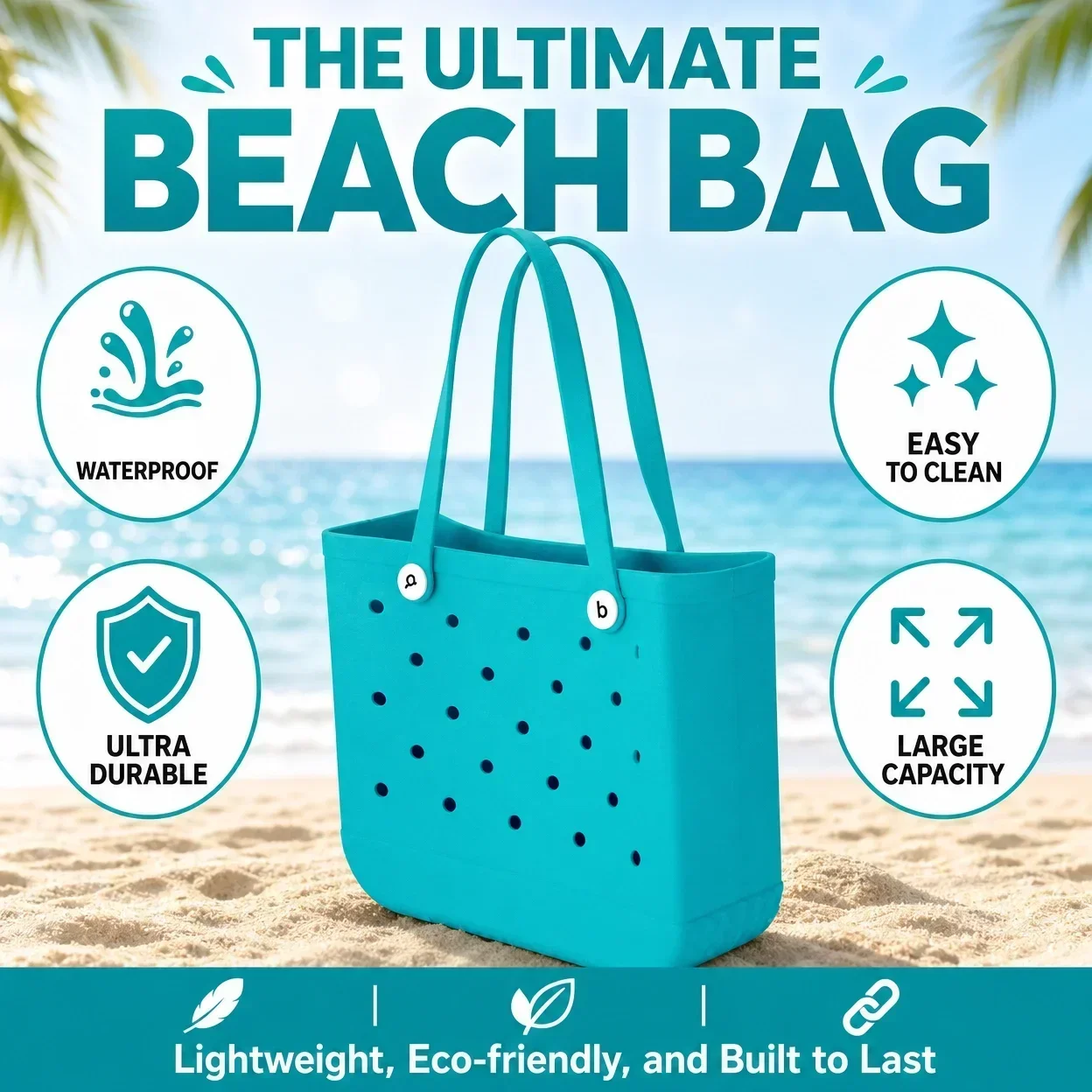 EVA Beach Bag Waterproof Large Capacity Tote with Holes Lightweight Portable Swimming Pool Travel Durable Handbag Summer Holiday