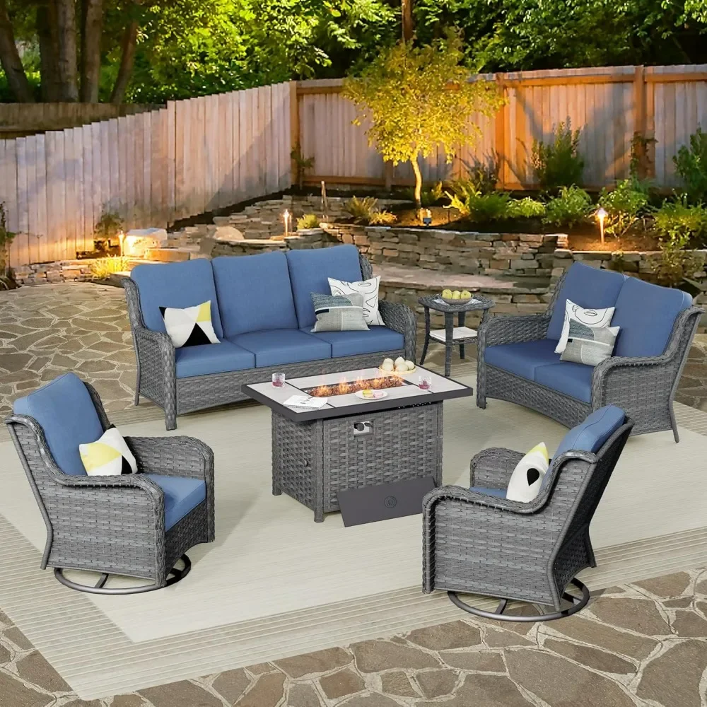 

Patio Furniture Set 6 Pieces Outdoor Sofa with Rocking Swivel Chairs Loveseat Rectangular Fire Pit Table Wicker Conversation Set