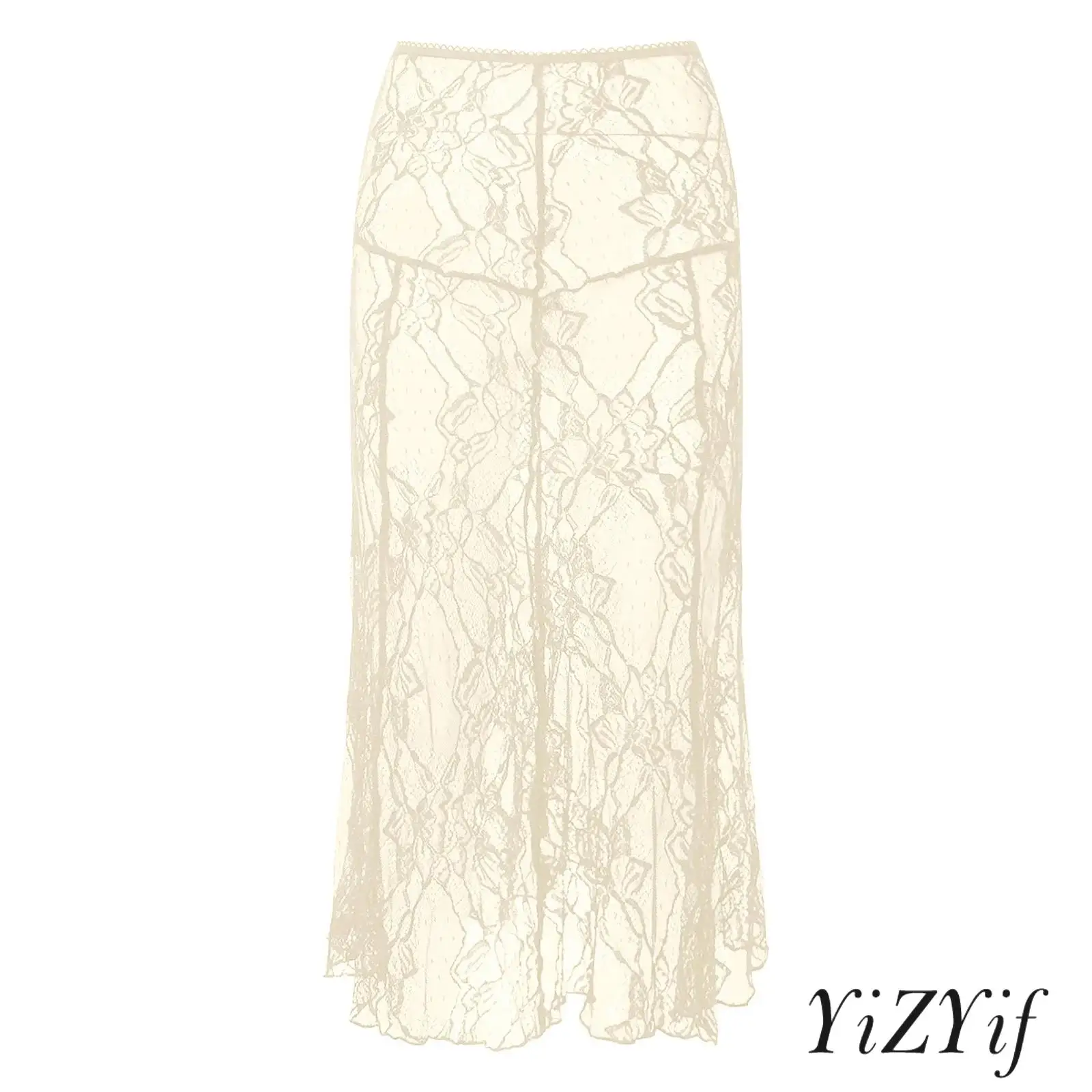 Women Lace Mermaid Skirt See Through Floral Lace High Waist Elastic Waistband Midi Skirt Cover-up Skirt for Party Daily Beach