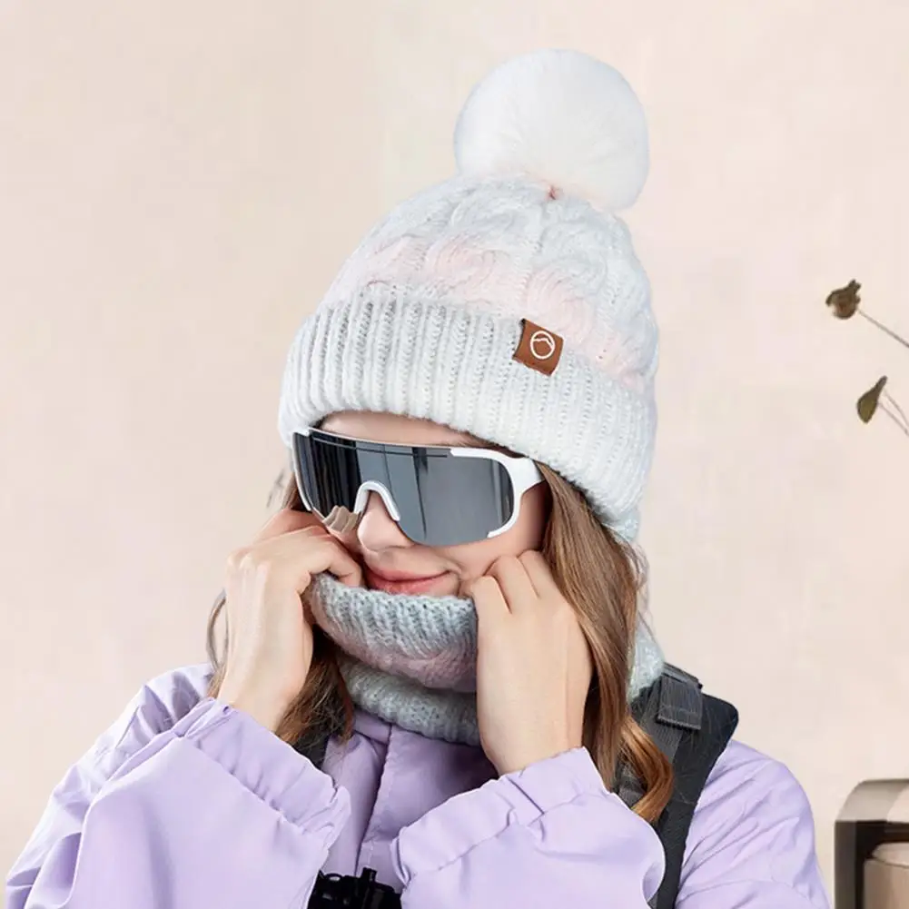 Winter Neckwear Anti-pilling Scarf Women's Winter Hat Scarf Set with Plush Ball Decor Contrast Color Design Thick for Outdoor