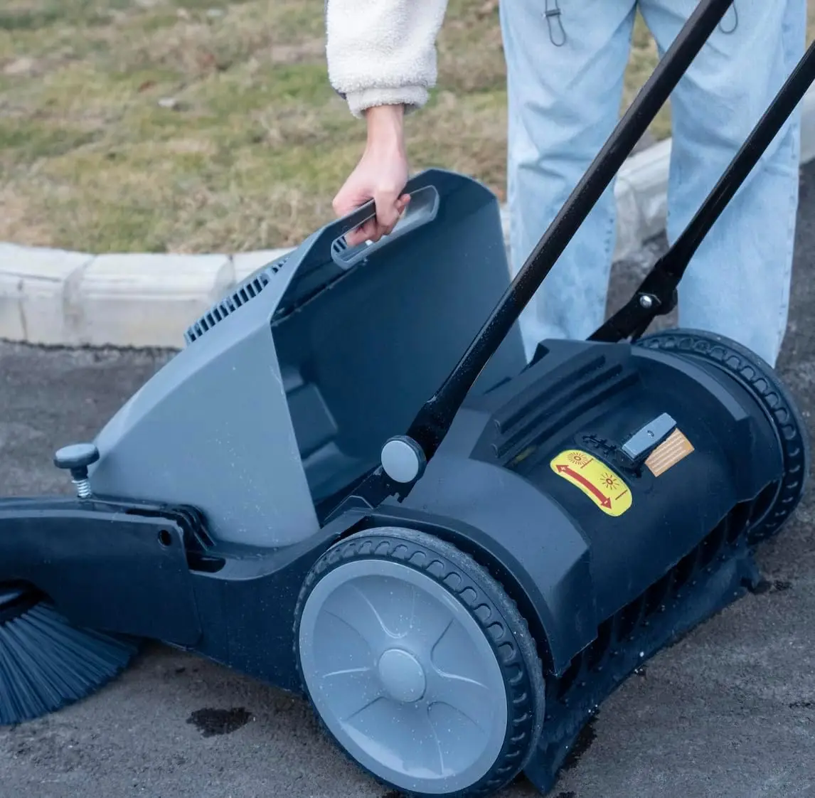 

Industrial Floor Sweeper with 3 Brooms, 39 inch Cleaning Width, 39,000 Sq.ft per Hour, 14.5 gal Big Trash bin, Less Trips