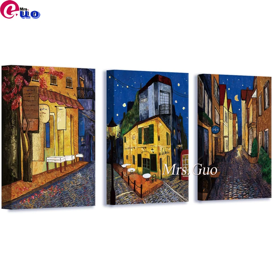 Impressionist Town Night Landscape Triptych Wall Artwork 5d Diamond Painting Cross Stitch 3 Pieces Diamond Embroidery Handmade