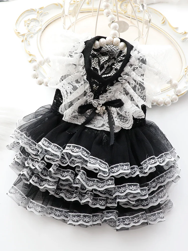 Dog Clothes Spring/Summer Thin Cat Princess Dress Black Lace Wedding Dress Handmade Small Dog Pets 3665