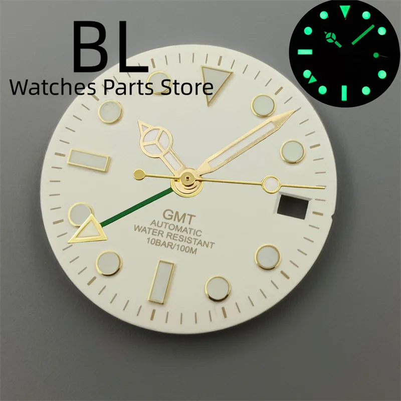 BLIGER 29mm GMT Watch Dial And  Gold Hands With Gold GMT Text Gold Index Green Luminous For NH34 Movement Black Green White Blue