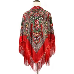 135*135cm Russian Women Square Scarf Luxury Floral Print Fringed Bandana Shawl Babushka Hijab Handkerchief Autumn Winter Shawls