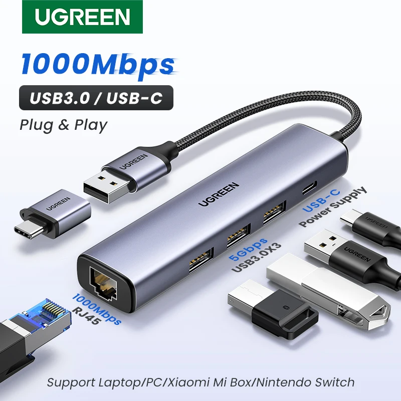 UGREEN USB Ethernet адаптер 5-в-1 1000/100/10 Мбит/с USB3.0 USB-C на RJ45 Lan для ноутбука Macbook PC Xiaomi Mi Box Windows mac OS USB-C сетевая карта док-станция