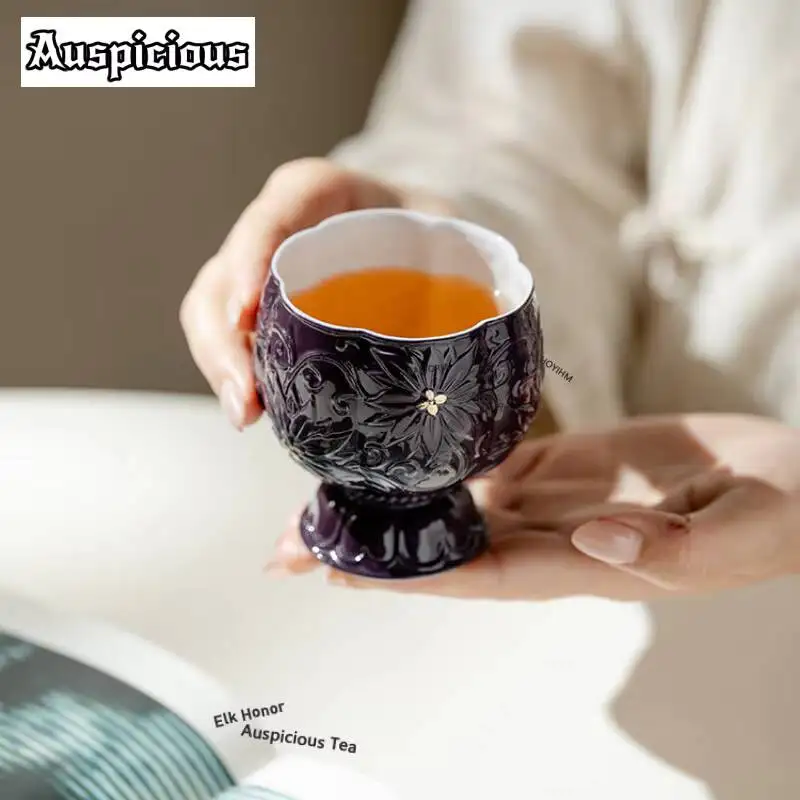 ZAEYORIA 190ml Sprinkle Gold Purple Lotus Throne Teacup Elegant Tea Bowl Coffee Mug Tea-tasting Master Cups Jianzhan Drinkware
