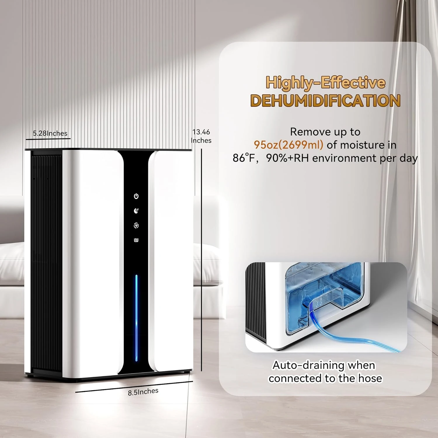 95oz Dehumidifier for 950 sq.ft, Quiet, with Drain Hose & Reusable Filter, Ideal for Bedroom, Bathroom, Basement & RV.