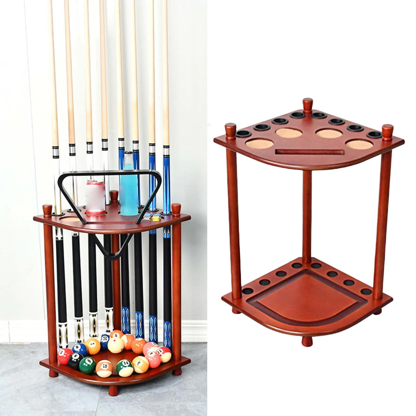 Pool  Rack Holds 8 Sticks Free Standing Solid Wood Floor Stand Pool Rod Holder with Drink Holder Billiards Accessories