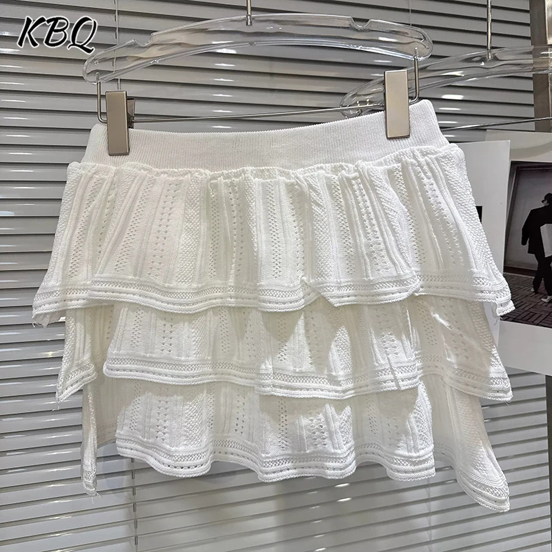 

KBQ Elegant Solid Spliced Ruffles Hollow Out Skirt for Women High Waist Temperament Sweet Design Knitting Skirt Female Fashion