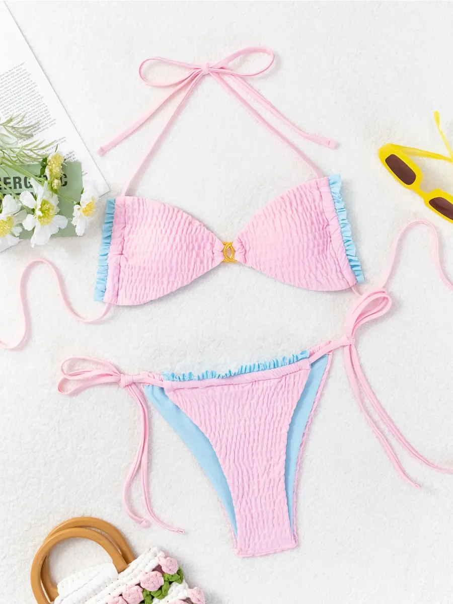 Conjunto de biquíni feminino sexy plissado rosa triângulo halter sem costas maiô duas peças conjunto férias maiô 2025 novo